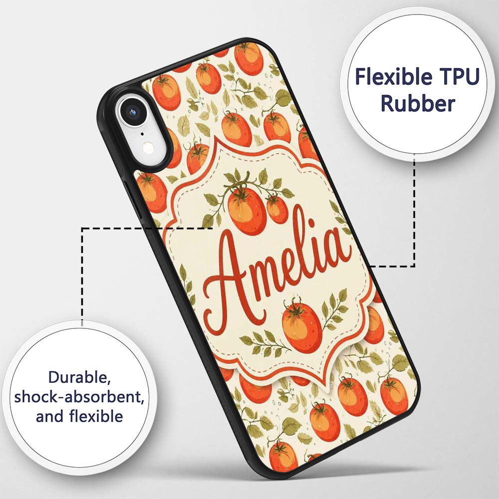 Fresh Tomato Vine Botanical Pattern on Cream Custom Name Protective Phone Case Mobile Cover Durable Everyday Smartphone Shock Resistant