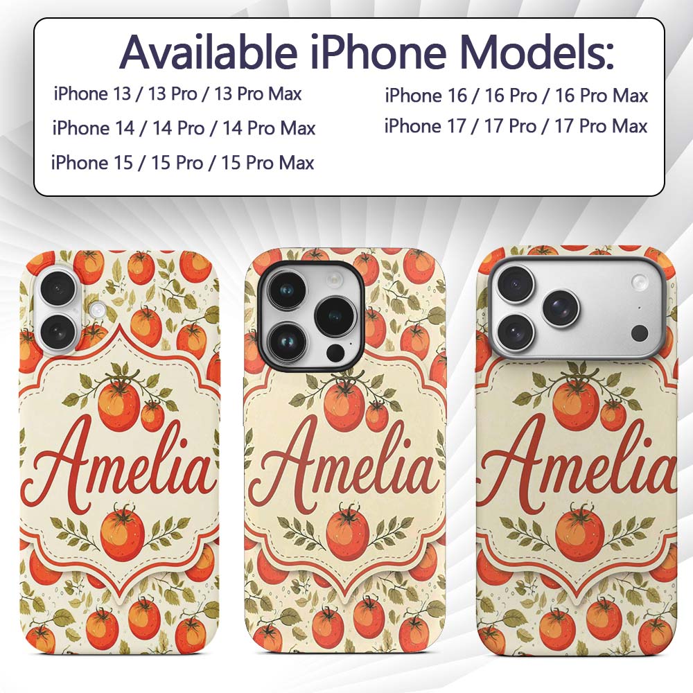 Fresh Tomato Vine Botanical Pattern on Cream Custom Name Protective Phone Case Mobile Cover Durable Everyday Smartphone Shock Resistant