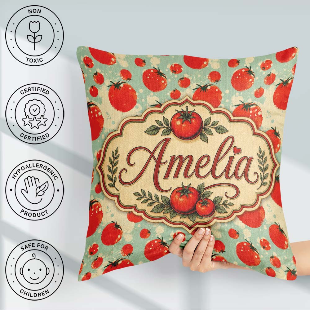 Custom Name Playful Red Tomatoes Splash on Light Blue Background Square Filled Cushion Throw Pillow Sofa Bed Home Decor Zip Washable UK Made