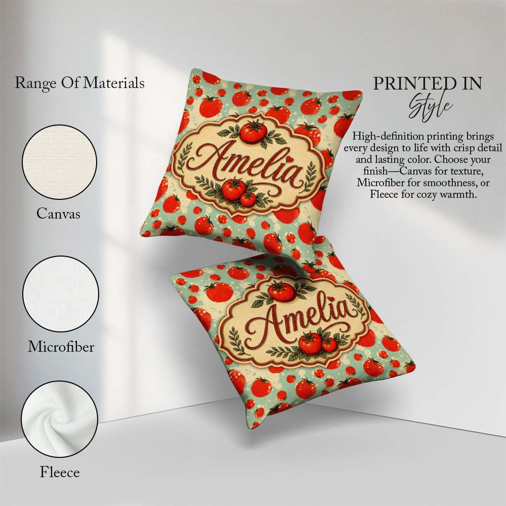 Custom Name Playful Red Tomatoes Splash on Light Blue Background Square Filled Cushion Throw Pillow Sofa Bed Home Decor Zip Washable UK Made