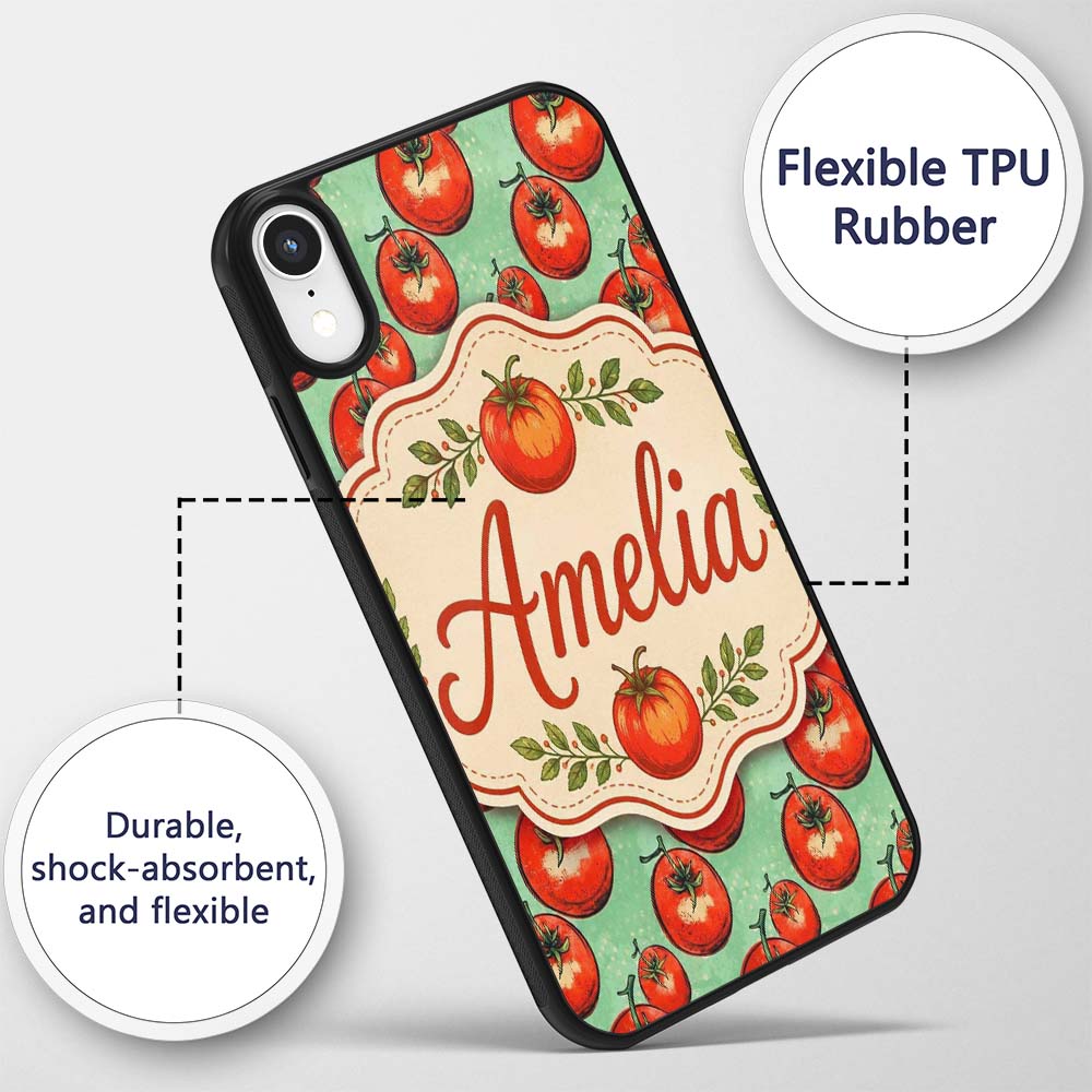 Hand Drawn Red Tomatoes on Soft Mint Background Custom Name Protective Phone Case Mobile Cover Durable Everyday Smartphone Shock Resistant