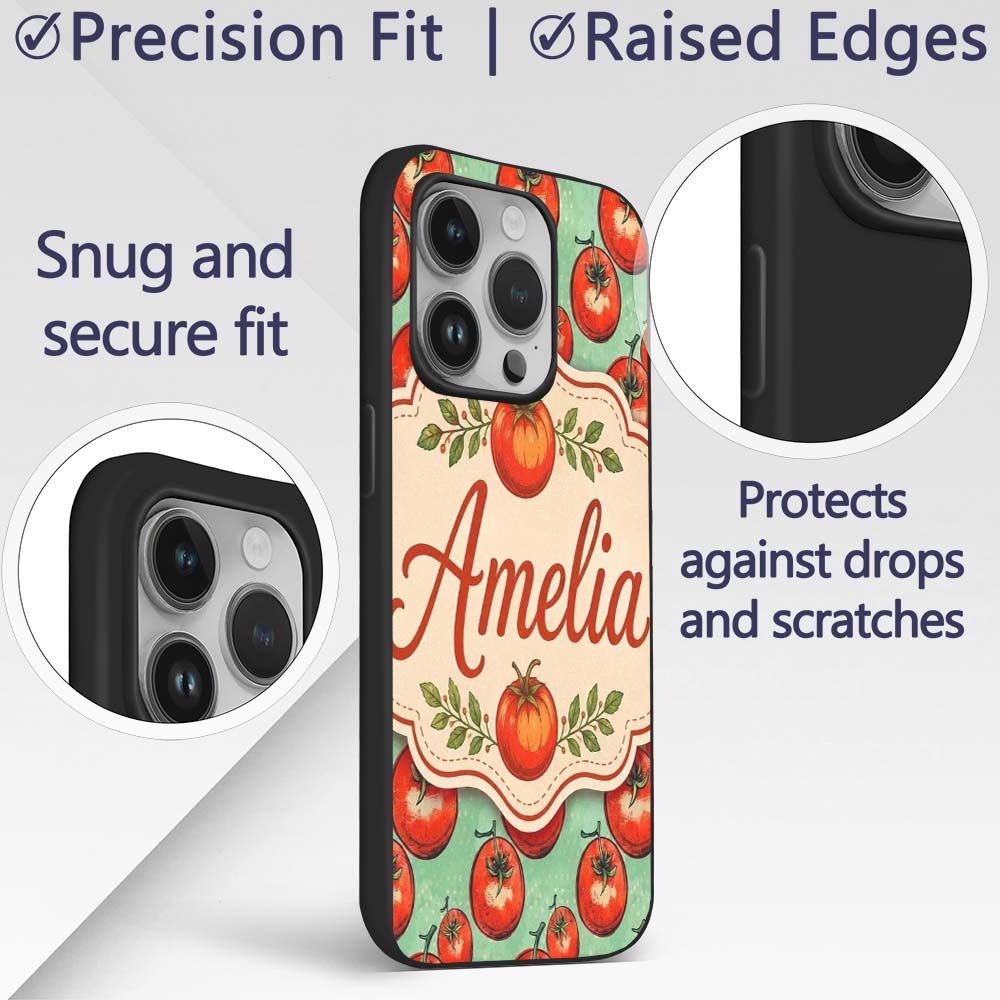 Hand Drawn Red Tomatoes on Soft Mint Background Custom Name Protective Phone Case Mobile Cover Durable Everyday Smartphone Shock Resistant