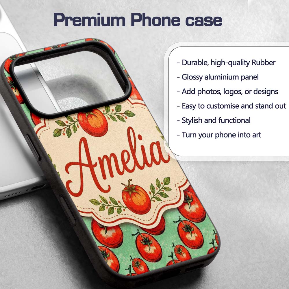 Hand Drawn Red Tomatoes on Soft Mint Background Custom Name Protective Phone Case Mobile Cover Durable Everyday Smartphone Shock Resistant