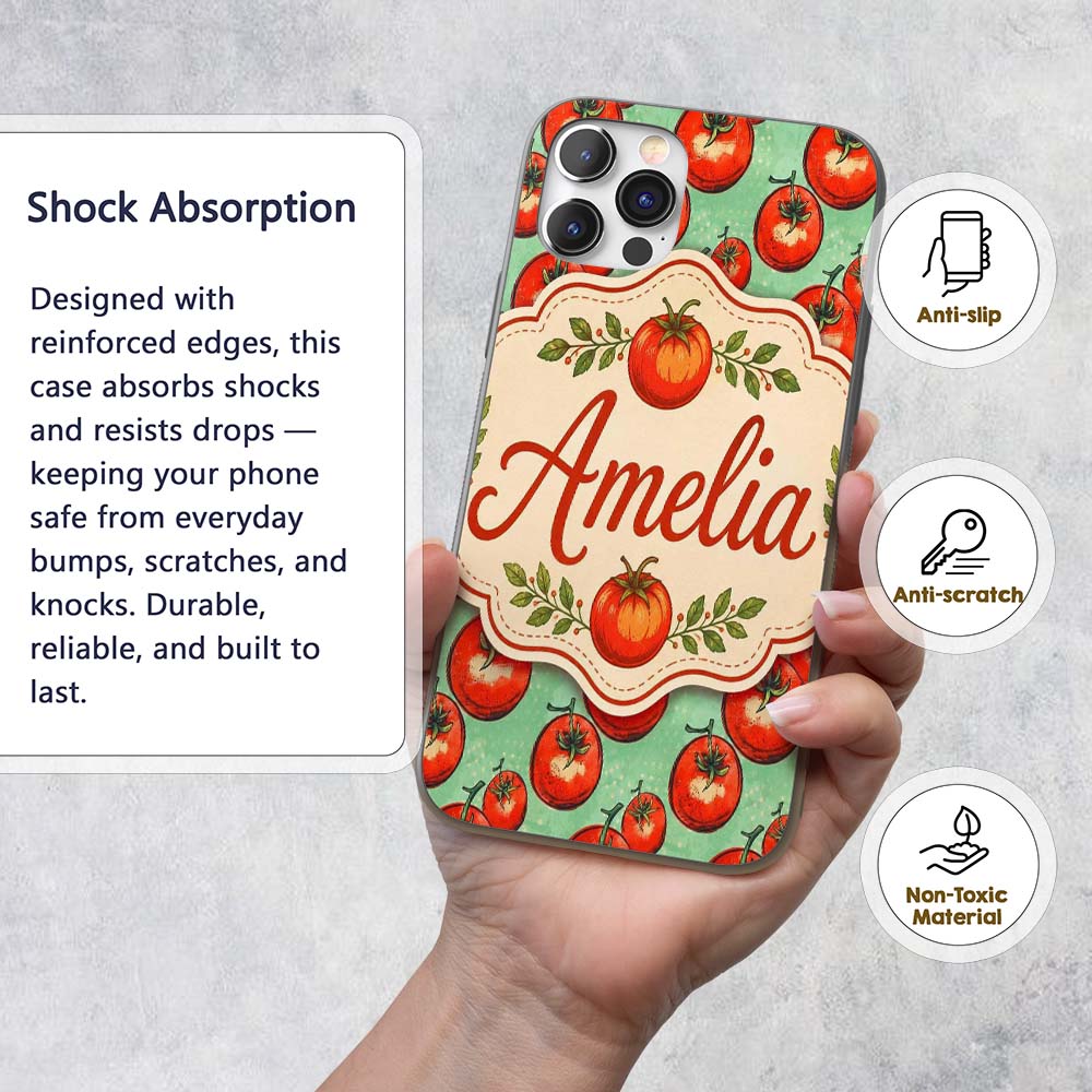 Hand Drawn Red Tomatoes on Soft Mint Background Custom Name Protective Phone Case Mobile Cover Durable Everyday Smartphone Shock Resistant