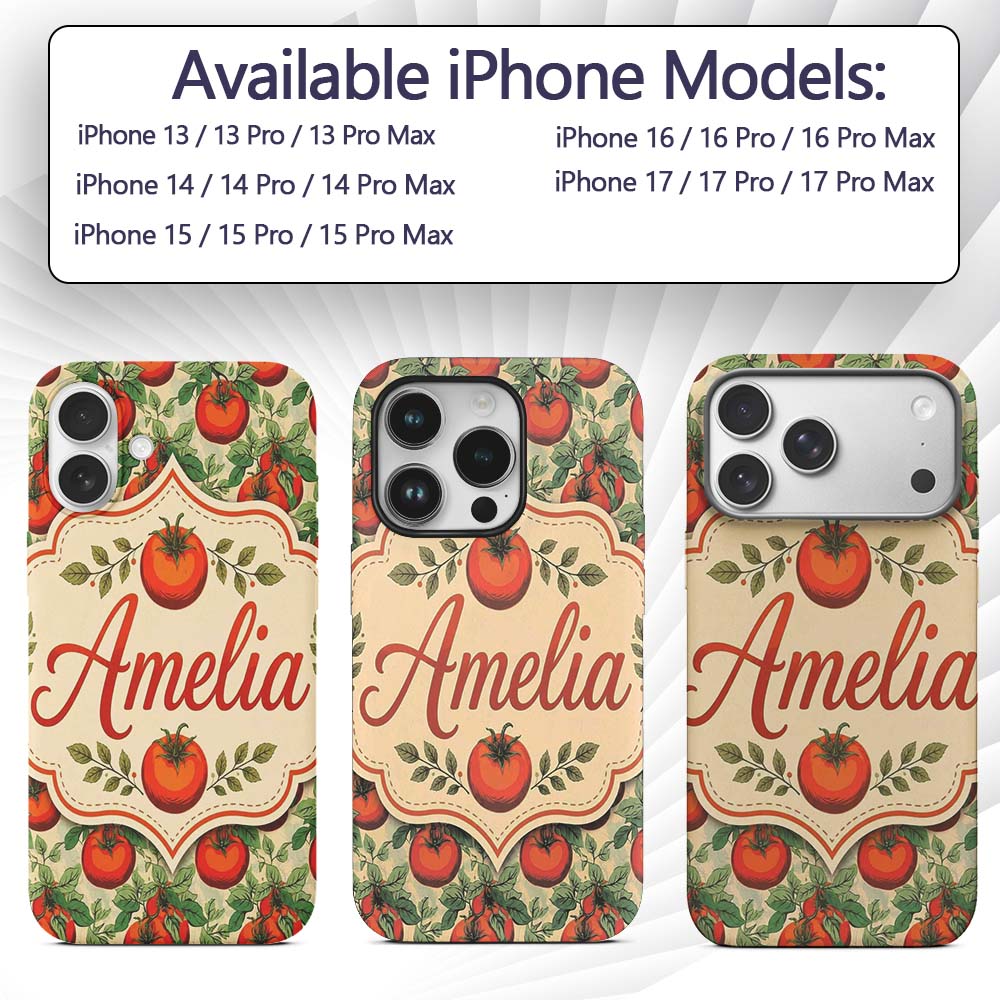 Vintage Red Tomatoes on Vine with Green Leaves Custom Name Protective Phone Case Mobile Cover Durable Everyday Smartphone Shock Resistant