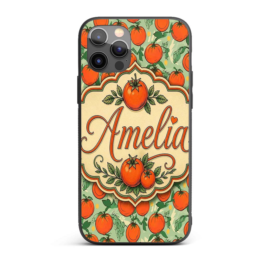 Cute Small Tomatoes and Leaves on Soft Green Custom Name Protective Phone Case Mobile Cover Durable Everyday Smartphone Shock Resistant