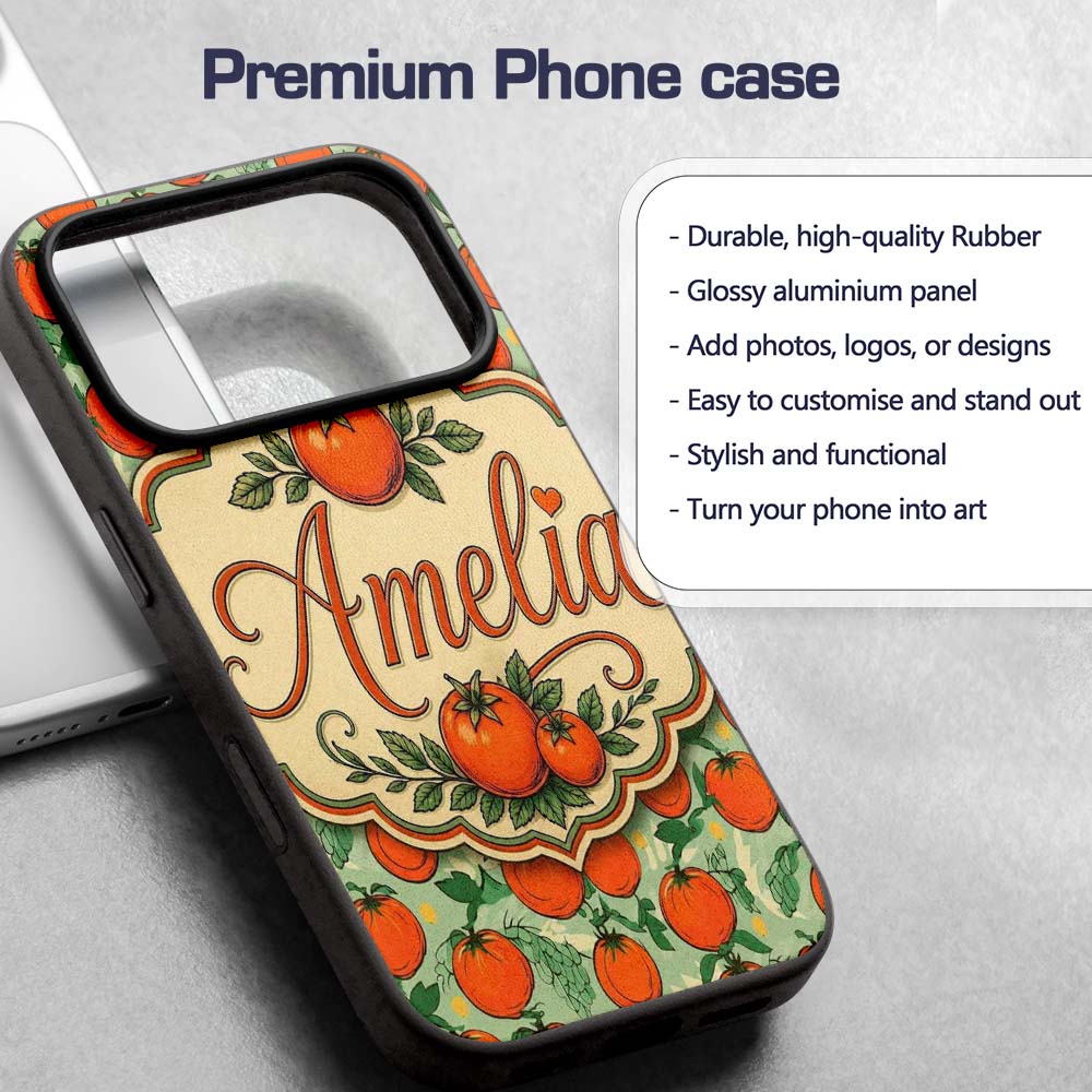 Cute Small Tomatoes and Leaves on Soft Green Custom Name Protective Phone Case Mobile Cover Durable Everyday Smartphone Shock Resistant