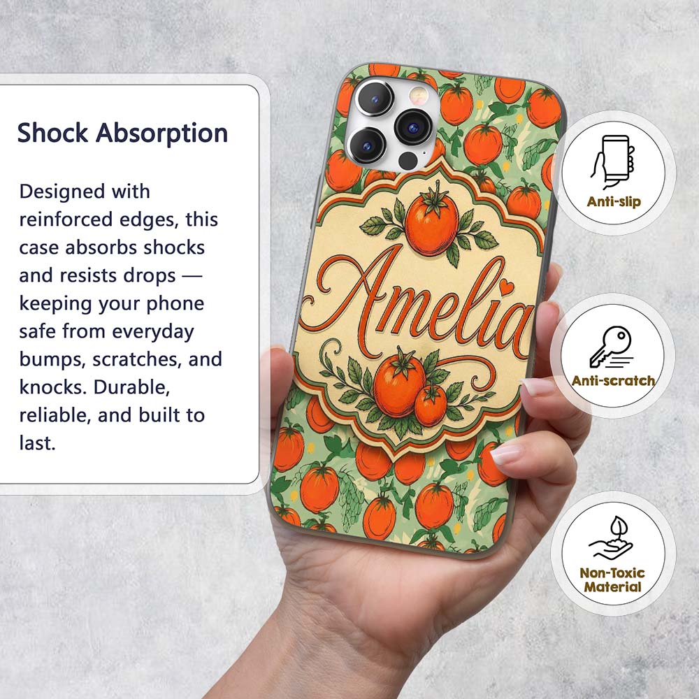Cute Small Tomatoes and Leaves on Soft Green Custom Name Protective Phone Case Mobile Cover Durable Everyday Smartphone Shock Resistant