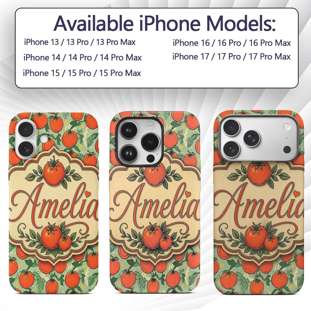 Cute Small Tomatoes and Leaves on Soft Green Custom Name Protective Phone Case Mobile Cover Durable Everyday Smartphone Shock Resistant