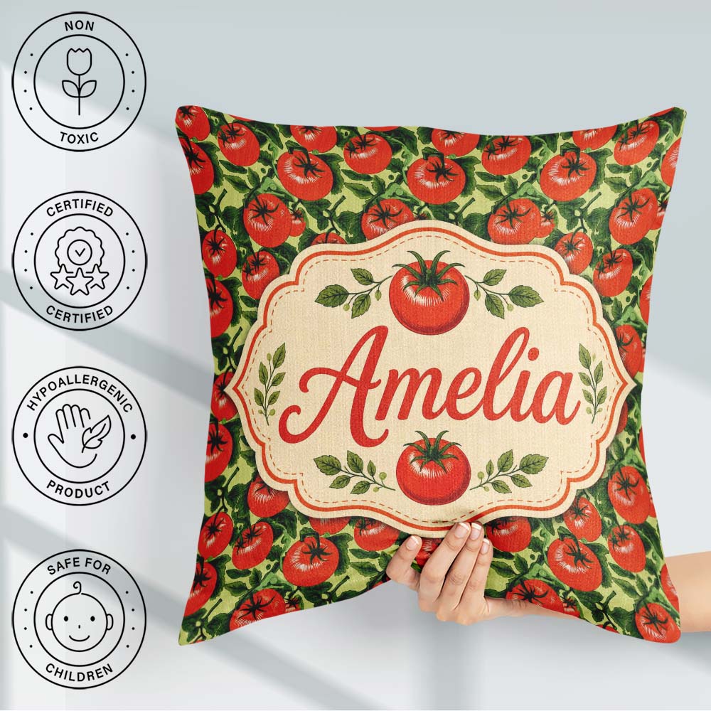 Custom Name Glossy Red Tomato Clusters with Deep Leaves Seamless Square Filled Cushion Throw Pillow Sofa Bed Home Decor Zip Washable UK Made