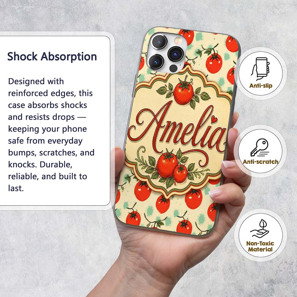 Playful Cherry Tomatoes with Mint Printed Design Custom Name Protective Phone Case Mobile Cover Durable Everyday Smartphone Shock Resistant
