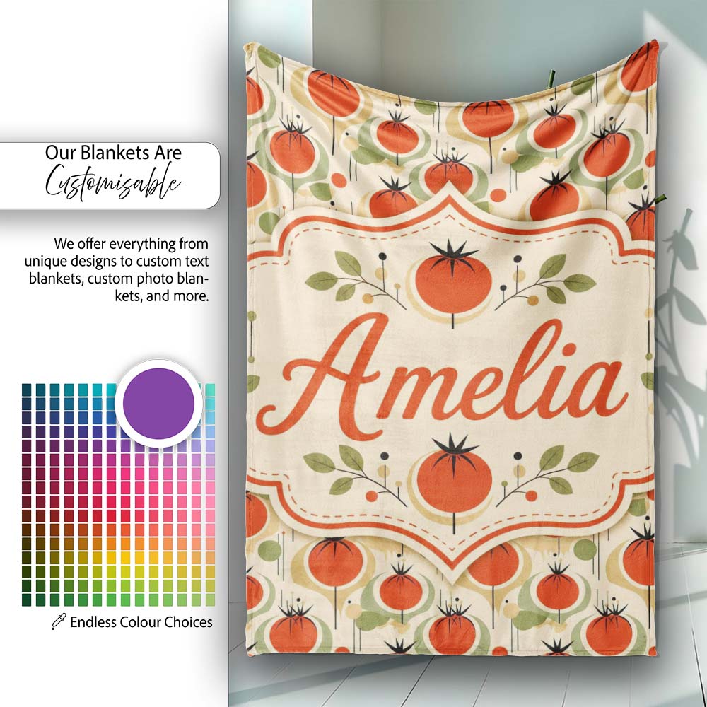 Mid Century Modern Tomato Circles Abstract Seamless Pattern Lovely Personalised Custom Name Super Soft Fleece Blanket Bed Sofa Throw