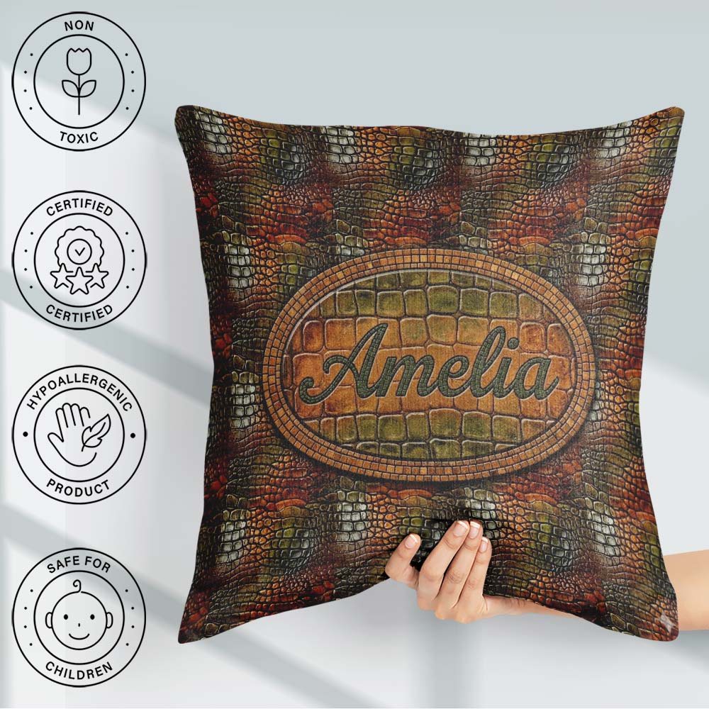 Custom Name Moss Green Crocodile Texture Pattern Natural Reptile Square Filled Cushion Throw Pillow Sofa Bed Home Decor Zip Washable UK Made