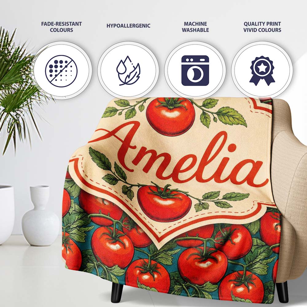 Vibrant Red Tomato Vine Pattern on Teal Background Seamless Lovely Personalised Custom Name Super Soft Fleece Blanket Bed Sofa Throw
