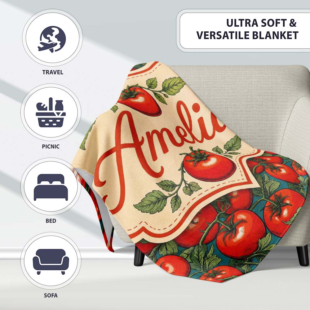 Vibrant Red Tomato Vine Pattern on Teal Background Seamless Lovely Personalised Custom Name Super Soft Fleece Blanket Bed Sofa Throw