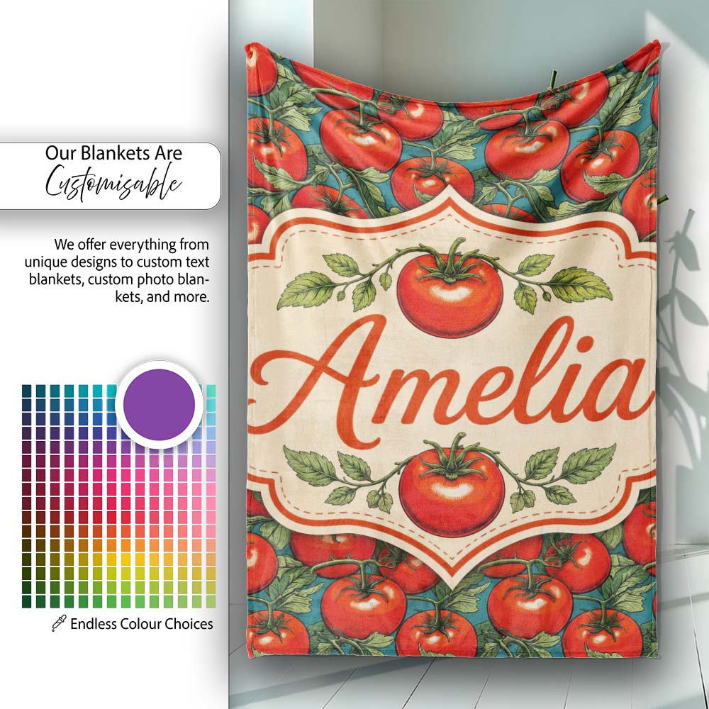 Vibrant Red Tomato Vine Pattern on Teal Background Seamless Lovely Personalised Custom Name Super Soft Fleece Blanket Bed Sofa Throw