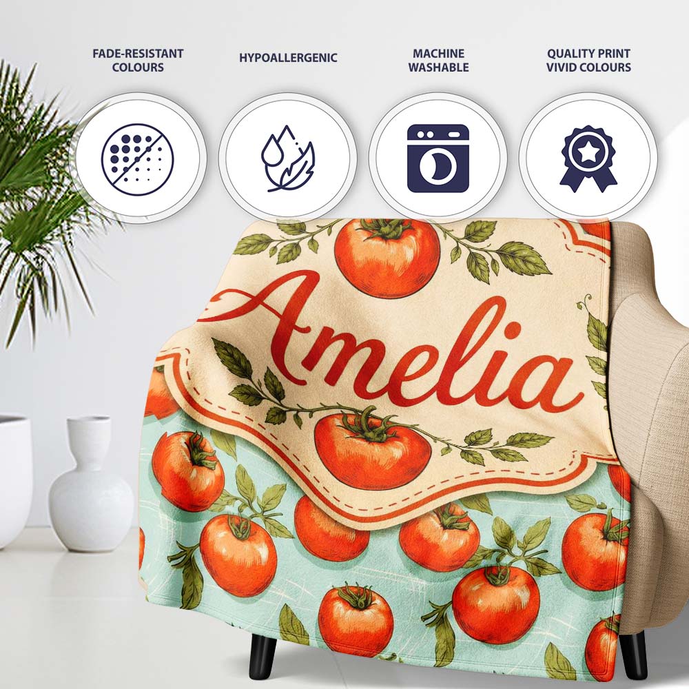 Soft Orange Tomatoes on Light Blue Textured Background Seamless Personalised Custom Name Super Soft Fleece Blanket Bed Sofa Throw