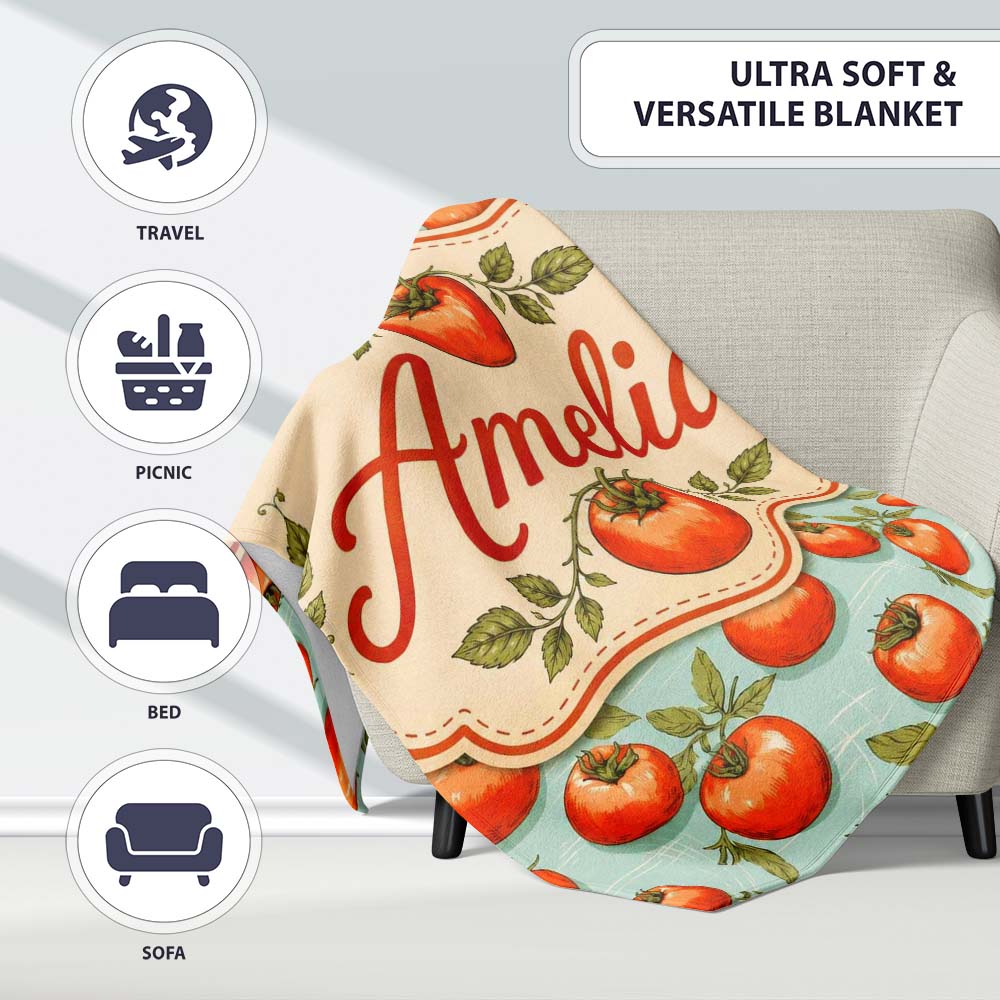 Soft Orange Tomatoes on Light Blue Textured Background Seamless Personalised Custom Name Super Soft Fleece Blanket Bed Sofa Throw