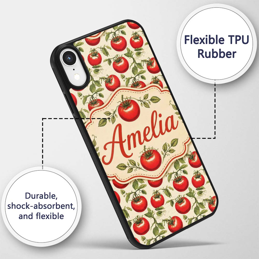 Classic Red Tomatoes with Leaves Printed Design Custom Name Protective Phone Case Mobile Cover Durable Everyday Smartphone Shock Resistant