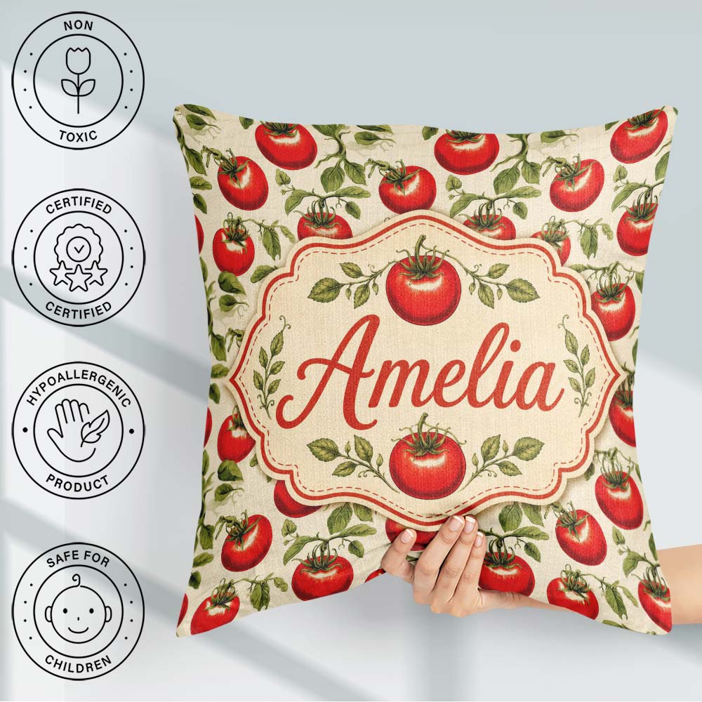 Custom Name Classic Red Tomatoes with Leaves on Neutral Seamless Square Filled Cushion Throw Pillow Sofa Bed Home Decor Zip Washable UK Made