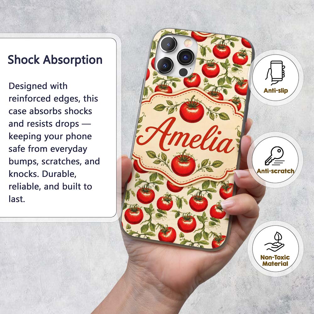 Classic Red Tomatoes with Leaves Printed Design Custom Name Protective Phone Case Mobile Cover Durable Everyday Smartphone Shock Resistant