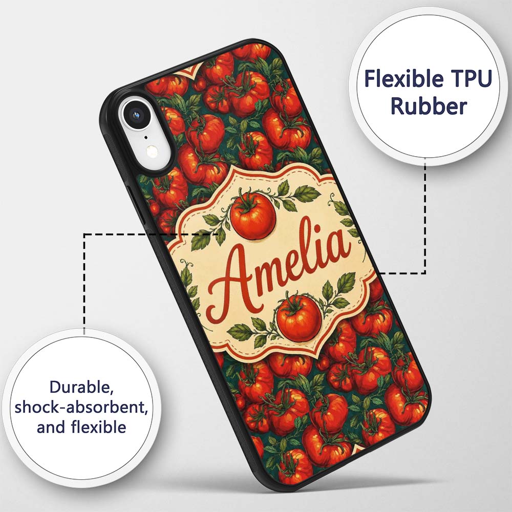 Rich Red Tomatoes on Dark Teal Background Vintage Custom Name Protective Phone Case Mobile Cover Durable Everyday Smartphone Shock Resistant