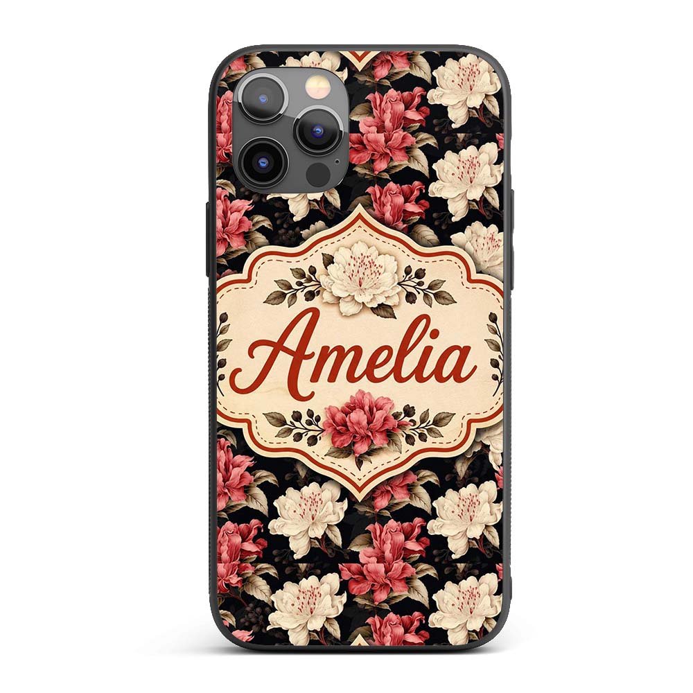 Cream and Coral Floral Blooms on Dark Background Custom Name Protective Phone Case Mobile Cover Durable Everyday Smartphone Shock Resistant