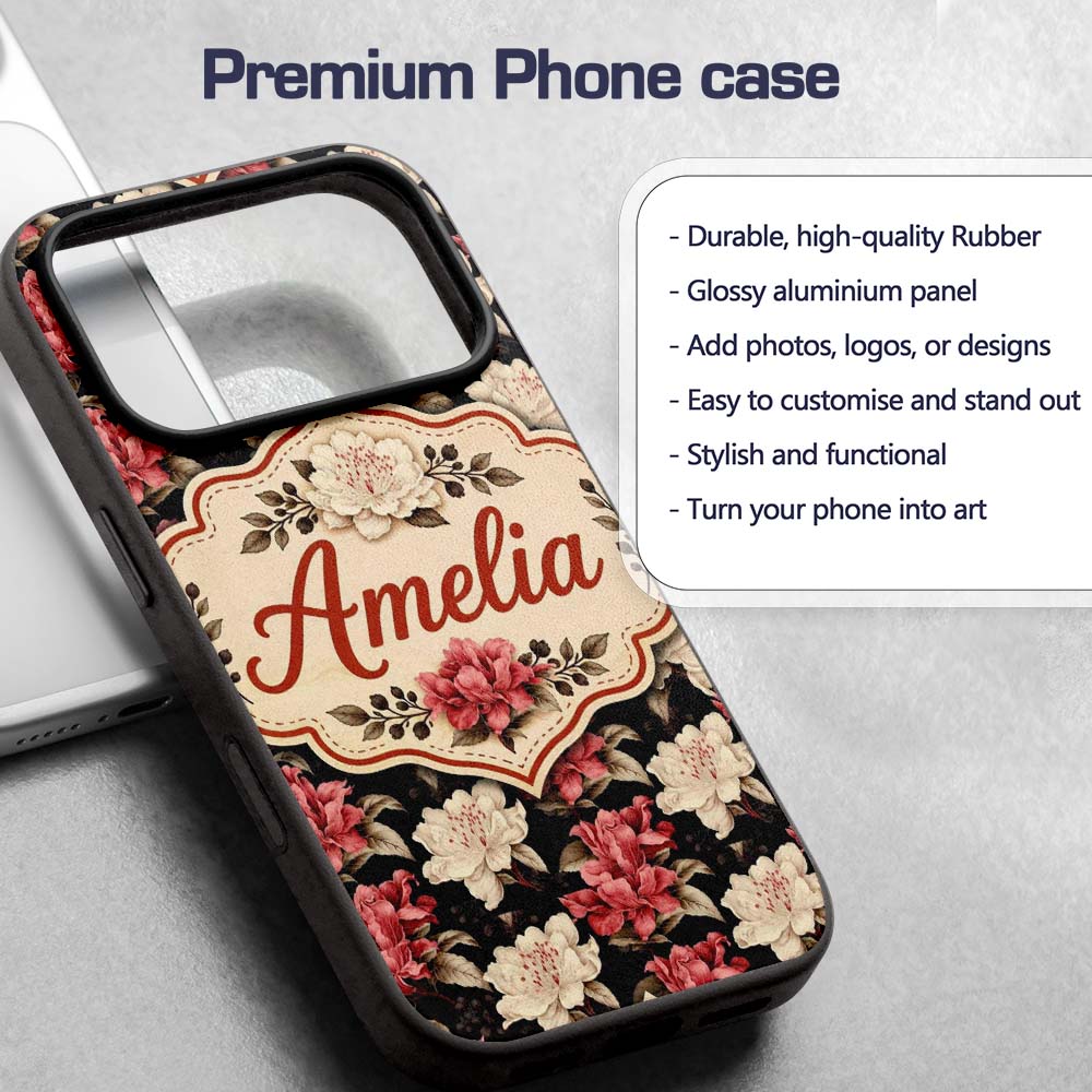 Cream and Coral Floral Blooms on Dark Background Custom Name Protective Phone Case Mobile Cover Durable Everyday Smartphone Shock Resistant