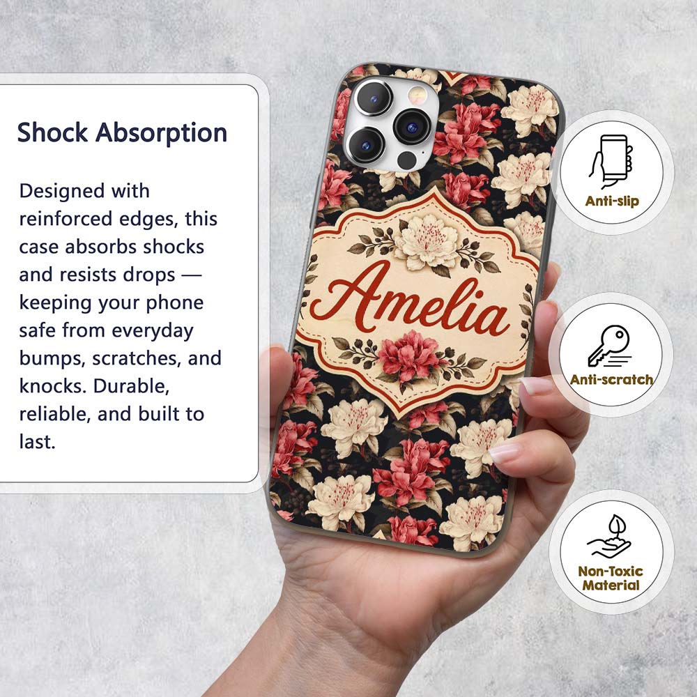 Cream and Coral Floral Blooms on Dark Background Custom Name Protective Phone Case Mobile Cover Durable Everyday Smartphone Shock Resistant