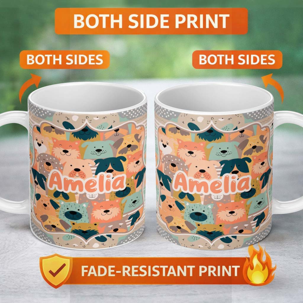Personalized Custom Name Cute Cartoon Dog Faces Warm Colour Palette Seamless Pattern Lovely 11oz Ceramic Coffee Tea Mug White Large Handle