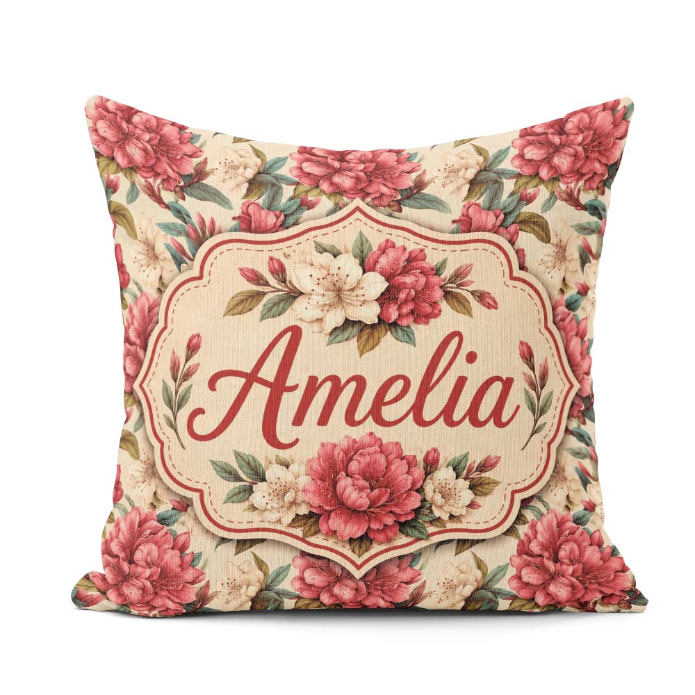 Custom Name Red and Cream Botanical Flower Garden Pattern Lovely Square Filled Cushion Throw Pillow Sofa Bed Home Decor Zip Washable UK Made