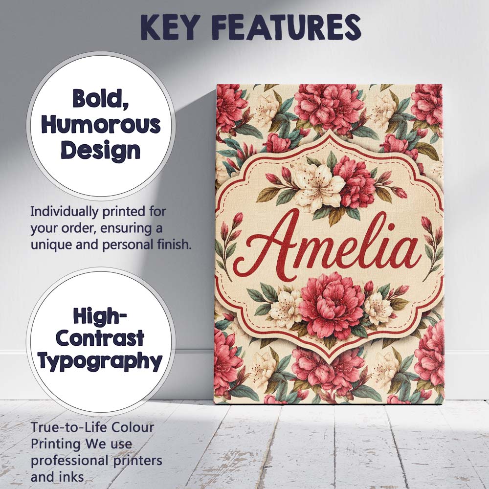Personalised Name Red and Cream Botanical Custom Unique Gift Idea Elegant Feature Canvas Wall Art Print Decor Picture Ready to Hang