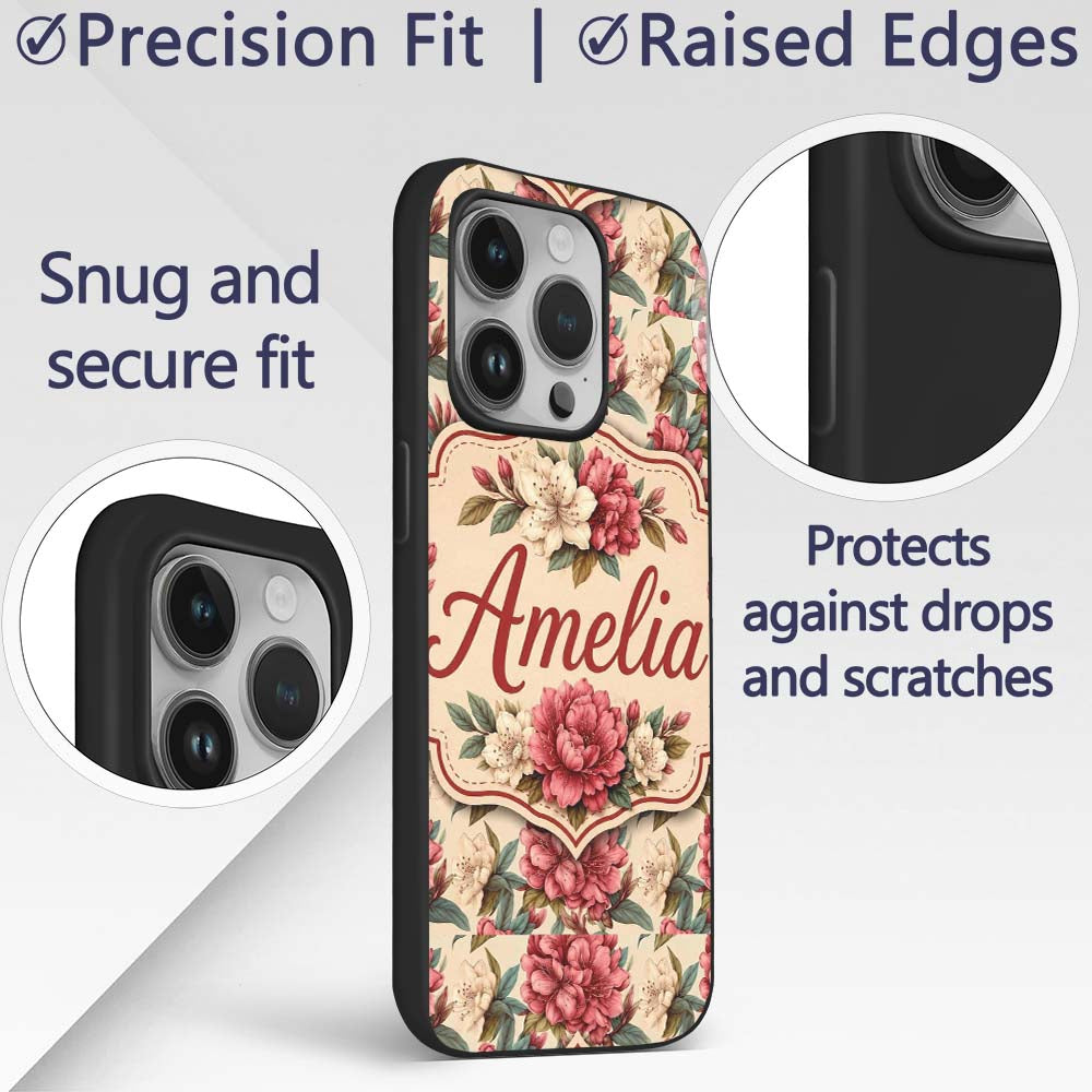 Red and Cream Botanical Flower Garden Seamless Custom Name Protective Phone Case Mobile Cover Durable Everyday Smartphone Shock Resistant