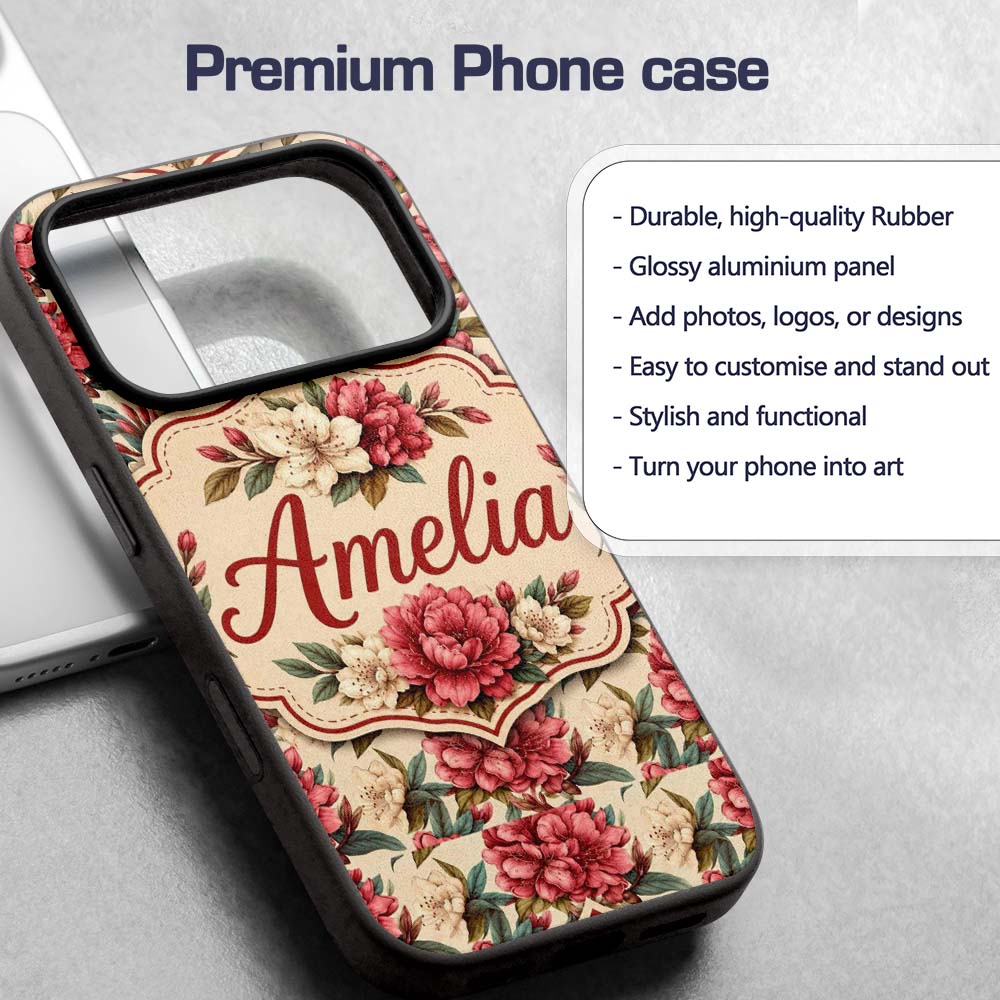 Red and Cream Botanical Flower Garden Seamless Custom Name Protective Phone Case Mobile Cover Durable Everyday Smartphone Shock Resistant