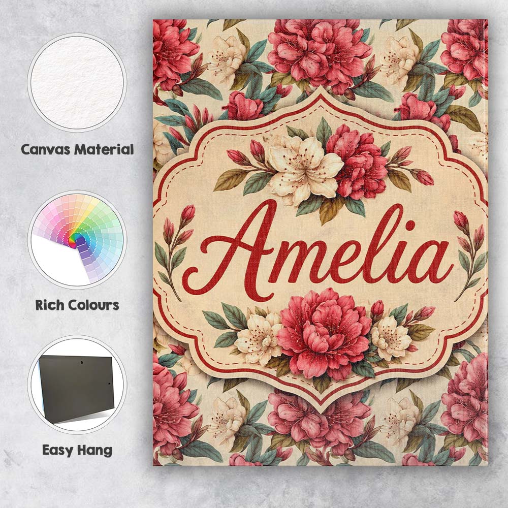 Personalised Name Red and Cream Botanical Custom Unique Gift Idea Elegant Feature Canvas Wall Art Print Decor Picture Ready to Hang