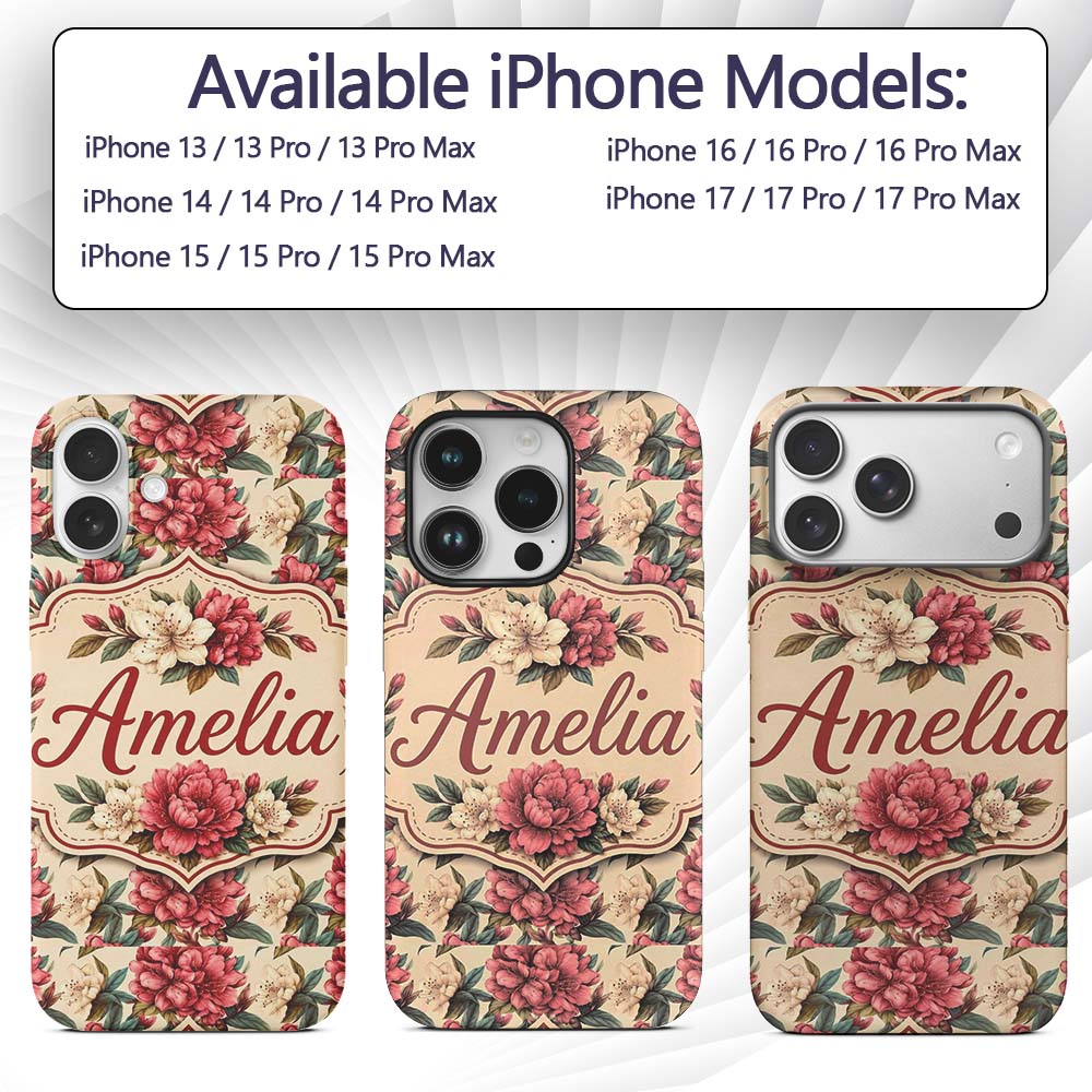 Red and Cream Botanical Flower Garden Seamless Custom Name Protective Phone Case Mobile Cover Durable Everyday Smartphone Shock Resistant