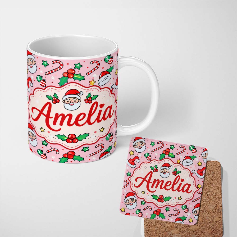 Personalized Custom Name Cute Santa Holly Candy Cane Bauble Seamless Pattern Christmas Lovely 11oz Ceramic Coffee Tea Mug White Large Handle