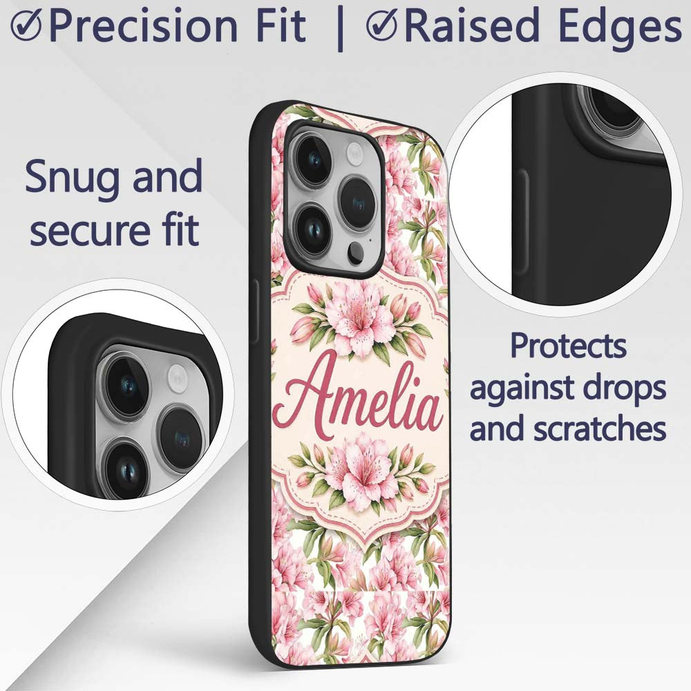 Delicate Pink Lily Flowers on White Background Custom Name Protective Phone Case Mobile Cover Durable Everyday Smartphone Shock Resistant