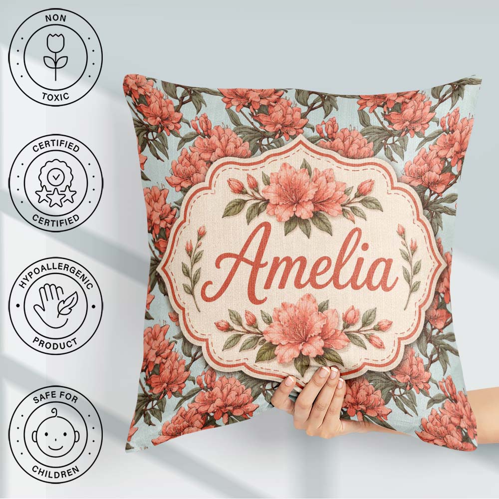 Custom Name Coral Branch Floral on Soft Blue Background Seamless Square Filled Cushion Throw Pillow Sofa Bed Home Decor Zip Washable UK Made