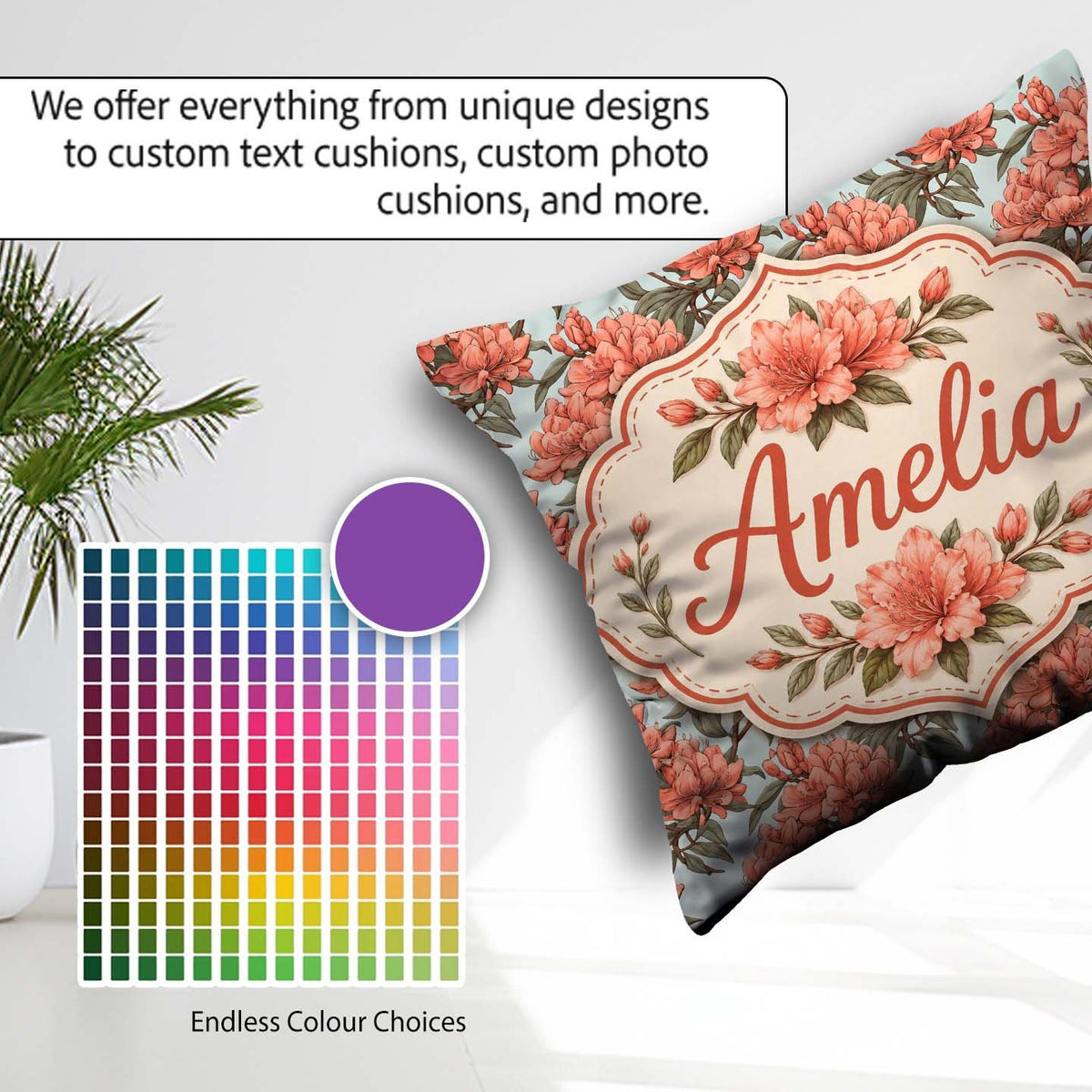 Custom Name Coral Branch Floral on Soft Blue Background Seamless Square Filled Cushion Throw Pillow Sofa Bed Home Decor Zip Washable UK Made