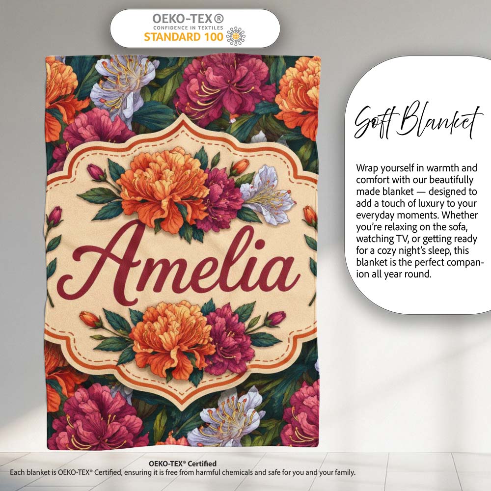 Orange Purple and White Floral Botanical Seamless Pattern Lovely Personalised Custom Name Super Soft Fleece Blanket Bed Sofa Throw