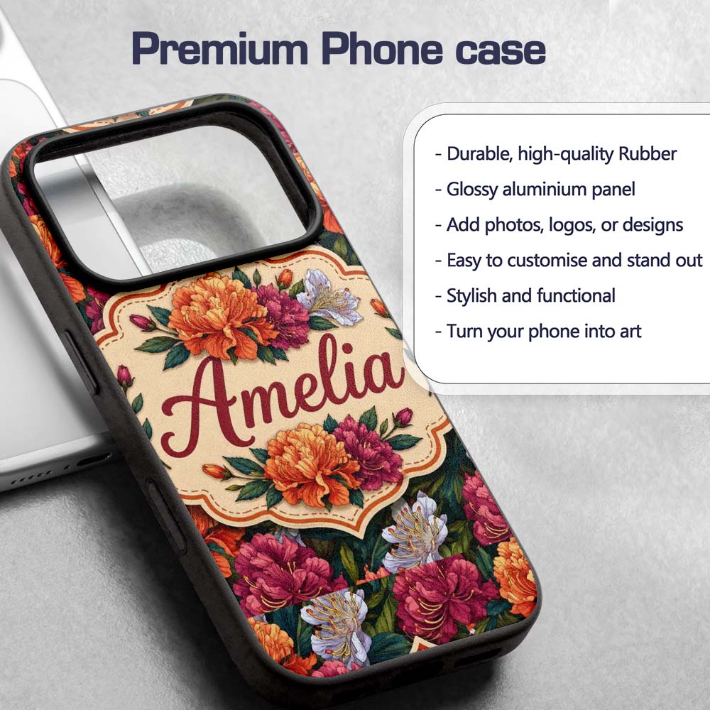 Orange Purple and White Floral Botanical Seamless Custom Name Protective Phone Case Mobile Cover Durable Everyday Smartphone Shock Resistant