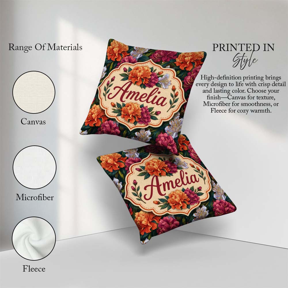 Custom Name Orange Purple and Floral Botanical Seamless Pattern Square Filled Cushion Throw Pillow Sofa Bed Home Decor Zip Washable UK Made
