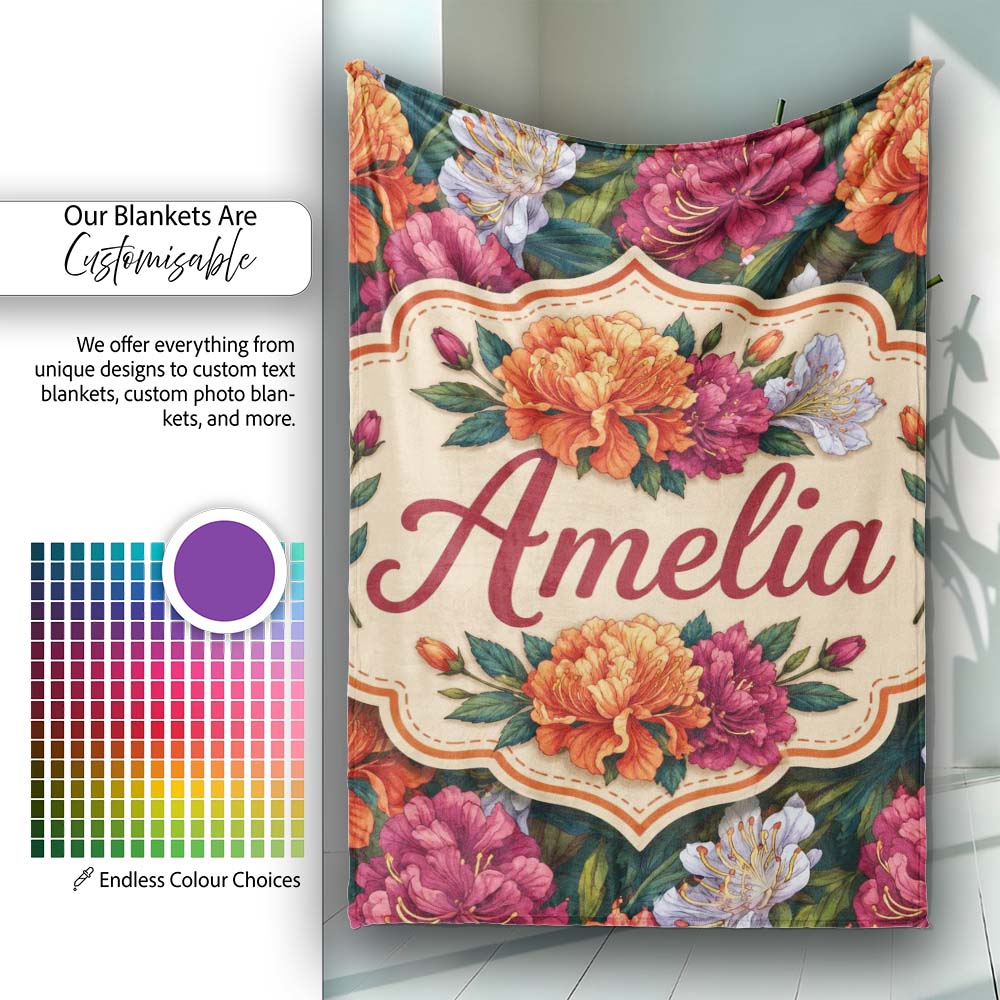Orange Purple and White Floral Botanical Seamless Pattern Lovely Personalised Custom Name Super Soft Fleece Blanket Bed Sofa Throw