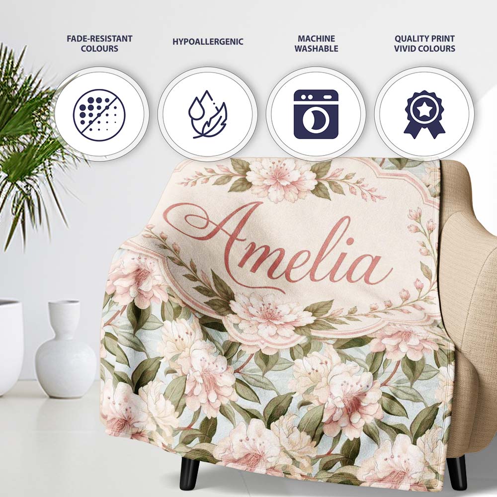 Soft Beige and Blush Floral Botanical Seamless Pattern Lovely Personalised Custom Name Super Soft Fleece Blanket Bed Sofa Throw
