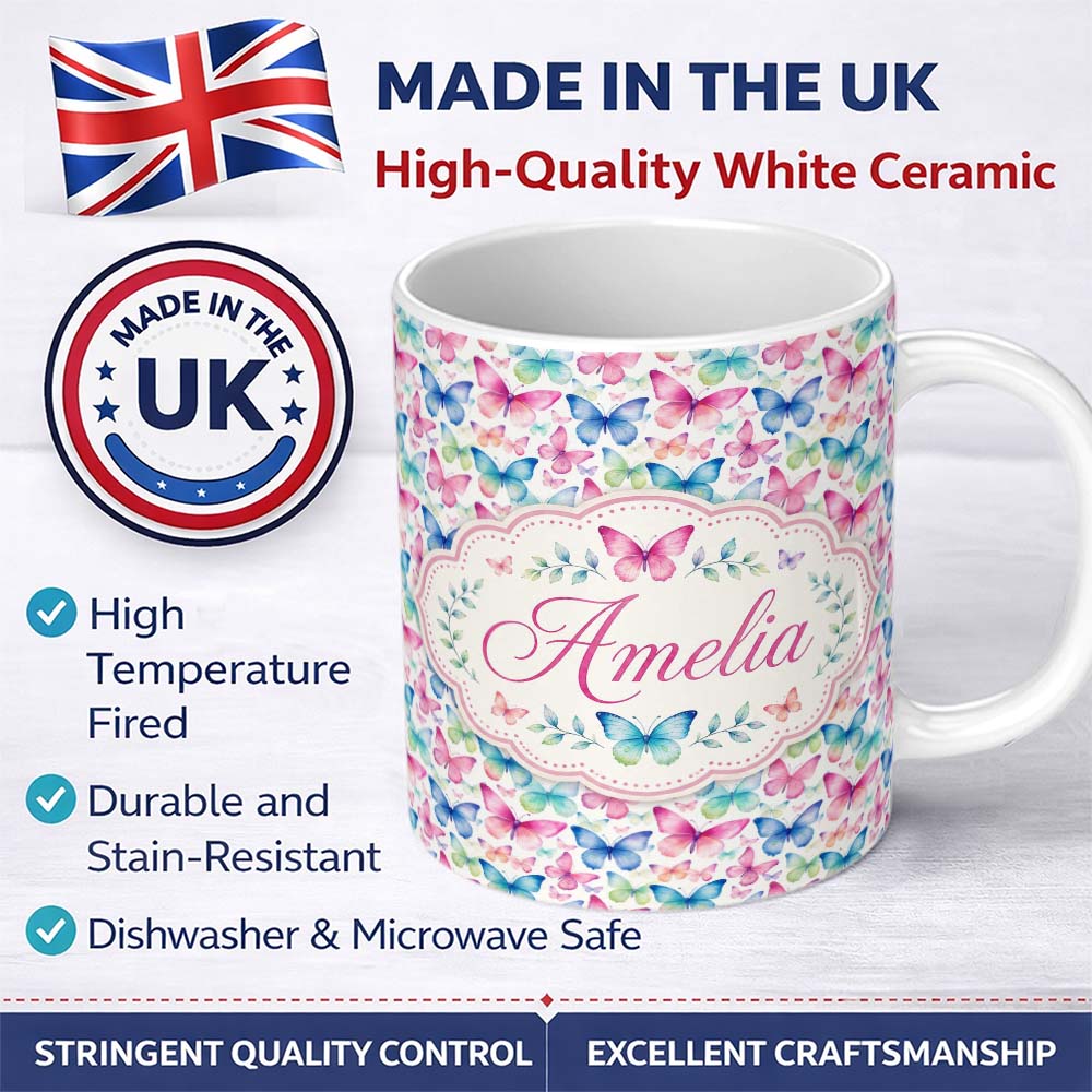 Personalized Custom Name Pastel Gradient Butterflies in Soft Pink and Blue Seamless Pattern 11oz Ceramic Coffee Tea Mug White Large Handle