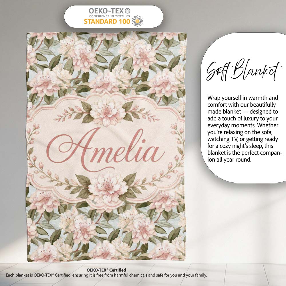 Soft Beige and Blush Floral Botanical Seamless Pattern Lovely Personalised Custom Name Super Soft Fleece Blanket Bed Sofa Throw