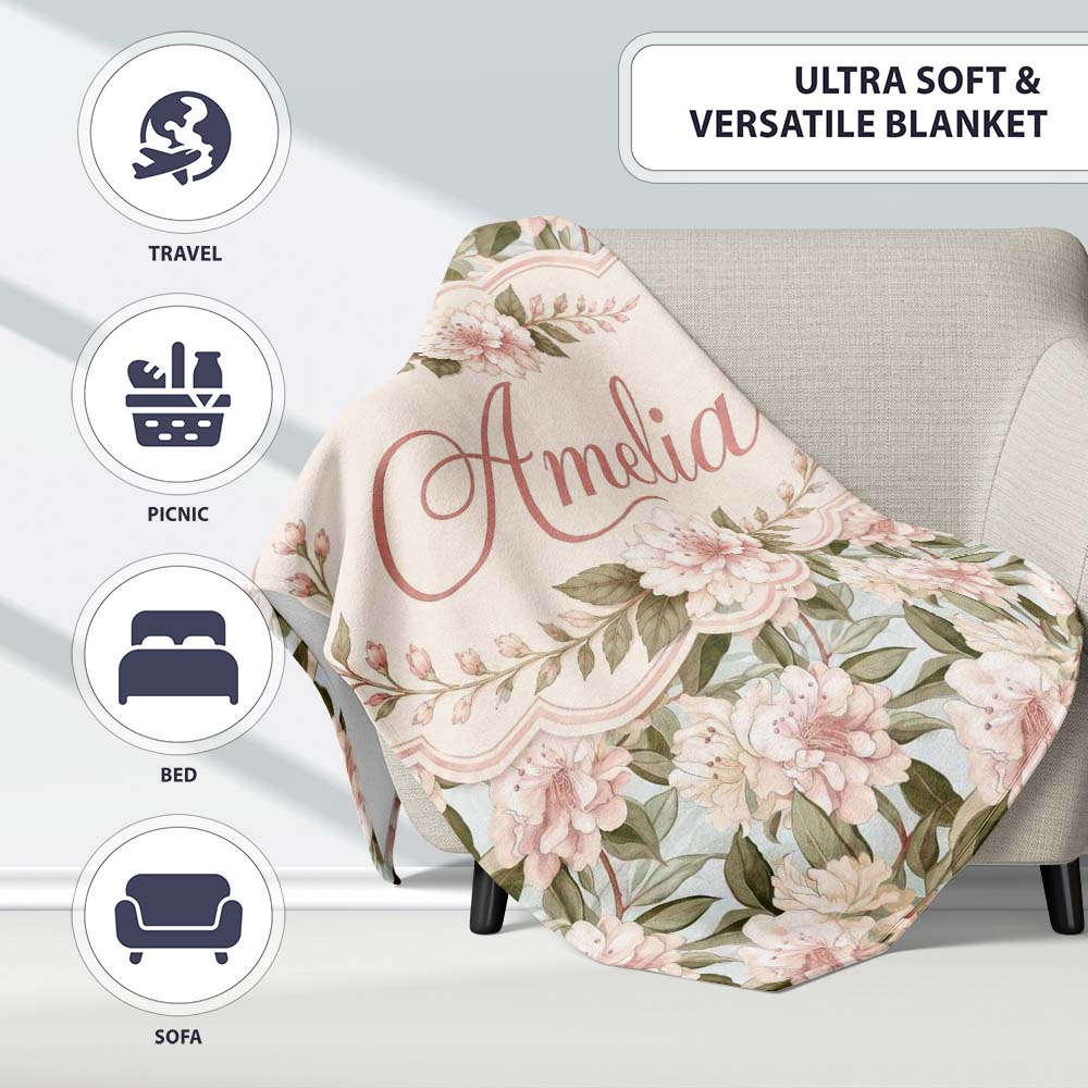 Soft Beige and Blush Floral Botanical Seamless Pattern Lovely Personalised Custom Name Super Soft Fleece Blanket Bed Sofa Throw