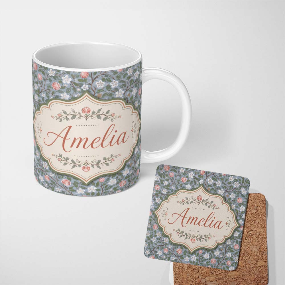 Personalized Custom Name Delicate Small Floral Vine Pattern Soft Green Background Seamless 11oz Ceramic Coffee Tea Mug White Large Handle