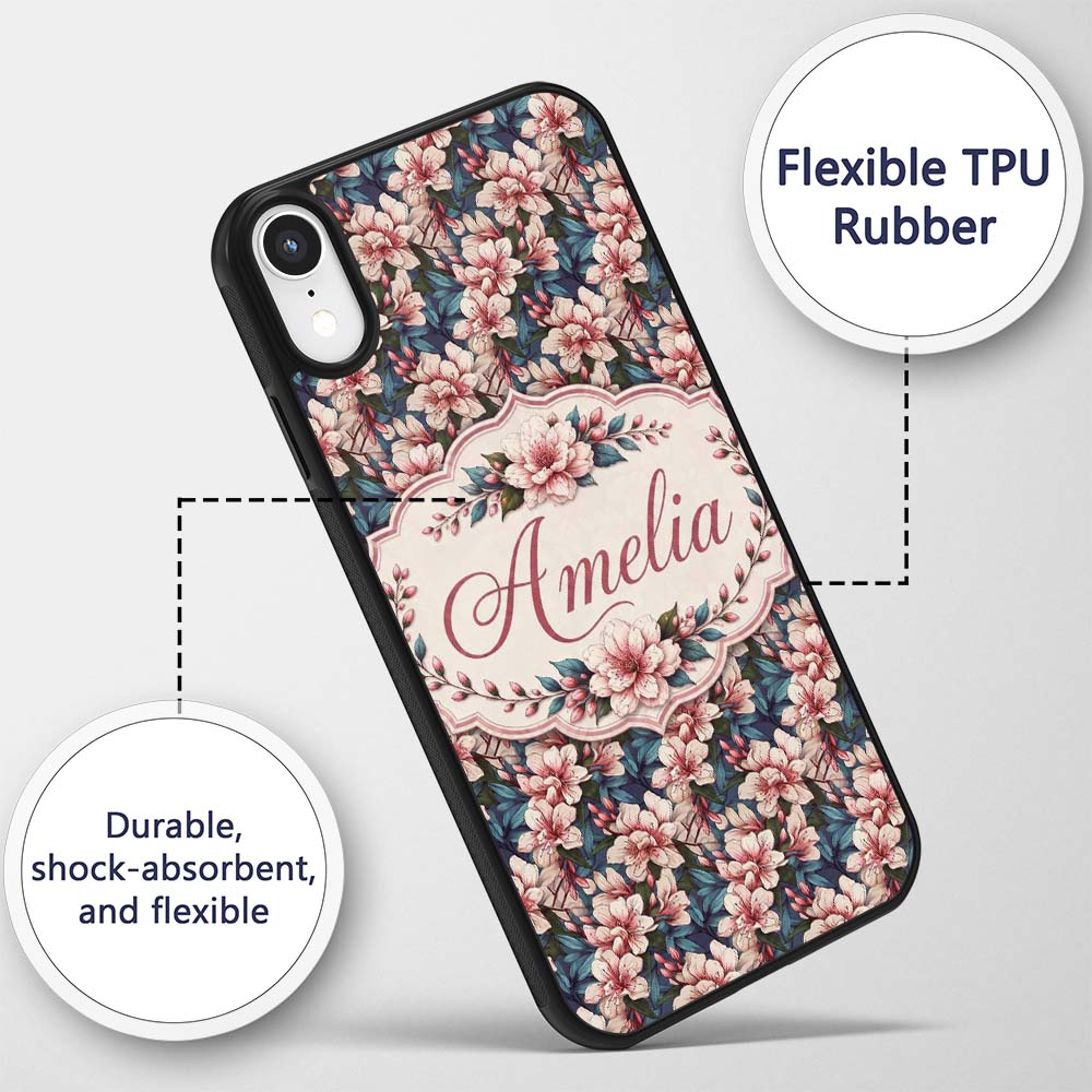 Elegant Pink Blossom Floral with Blue Leaves Custom Name Protective Phone Case Mobile Cover Durable Everyday Smartphone Shock Resistant
